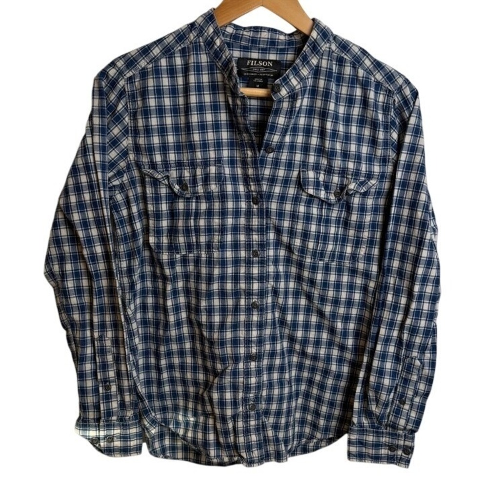 Filson Womens Plaid Shirt Banded Collar M Indigo Cream‎ Cotton Workwear Utility